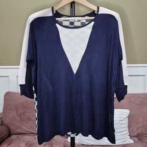 Altar'd State Navy and Cream V-Neck Blouse